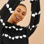 Yumi Black Knitted Jumper with Heart Stripes
