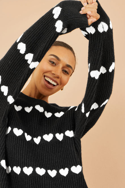Yumi Black Knitted Jumper with Heart Stripes