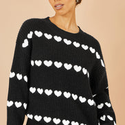 Yumi Black Knitted Jumper with Heart Stripes