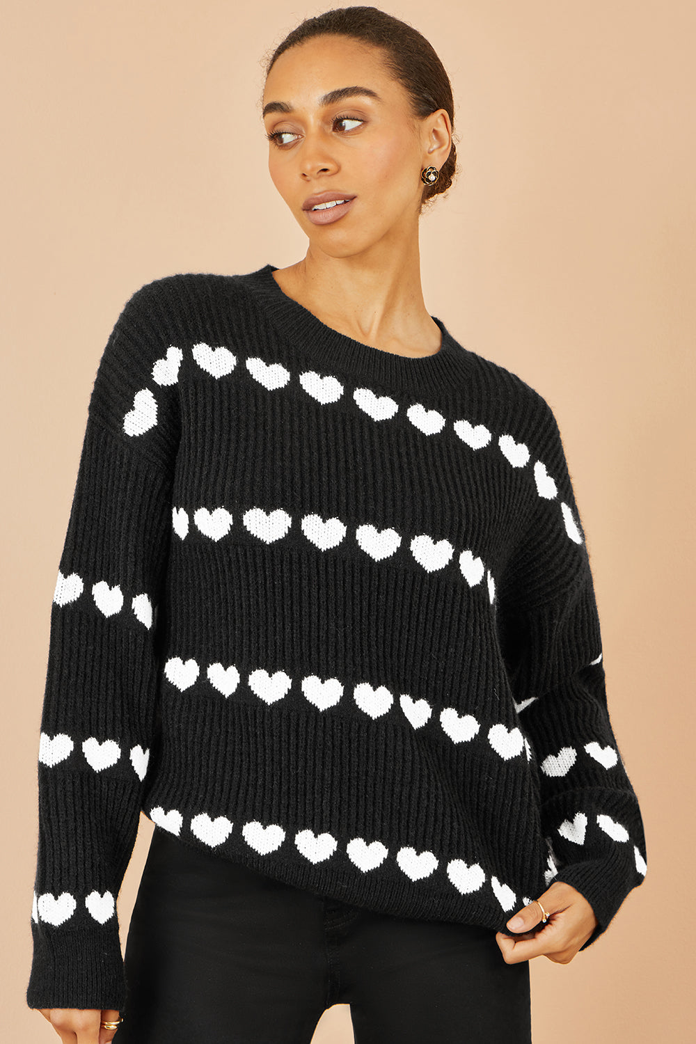Yumi Black Knitted Jumper with Heart Stripes