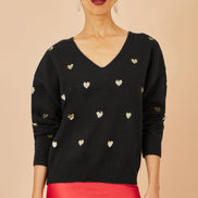 Yumi Black Sequin Heart V Neck Jumper