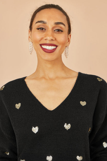 Yumi Black Sequin Heart V Neck Jumper