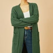 Yumi Green Cable Knit Edge to Edge Long Cardigan with Pockets