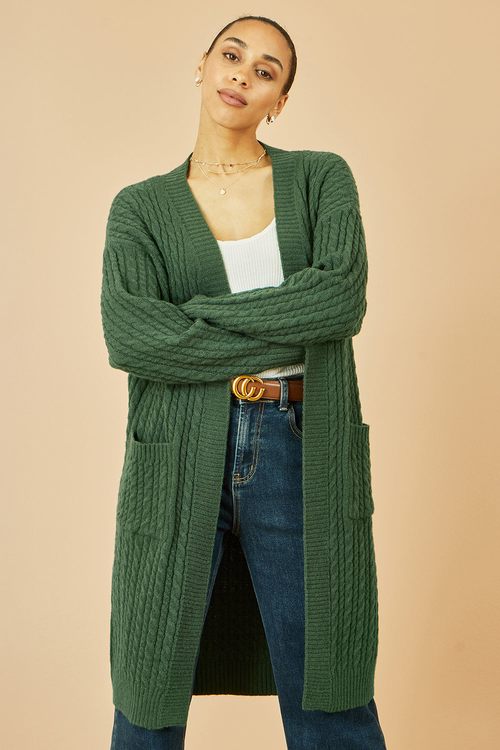 Yumi Green Cable Knit Edge to Edge Long Cardigan with Pockets