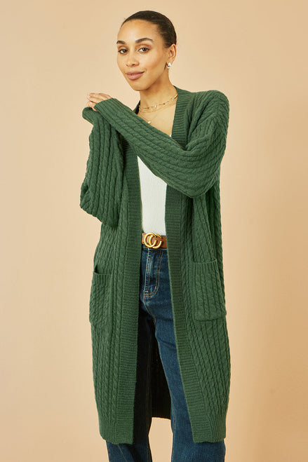 Yumi Green Cable Knit Edge to Edge Long Cardigan with Pockets