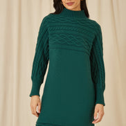 Yumi Green Roll Neck Knitted Dress with Fitted Waist