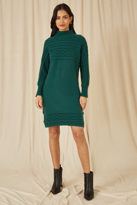 Yumi Green Roll Neck Knitted Dress with Fitted Waist
