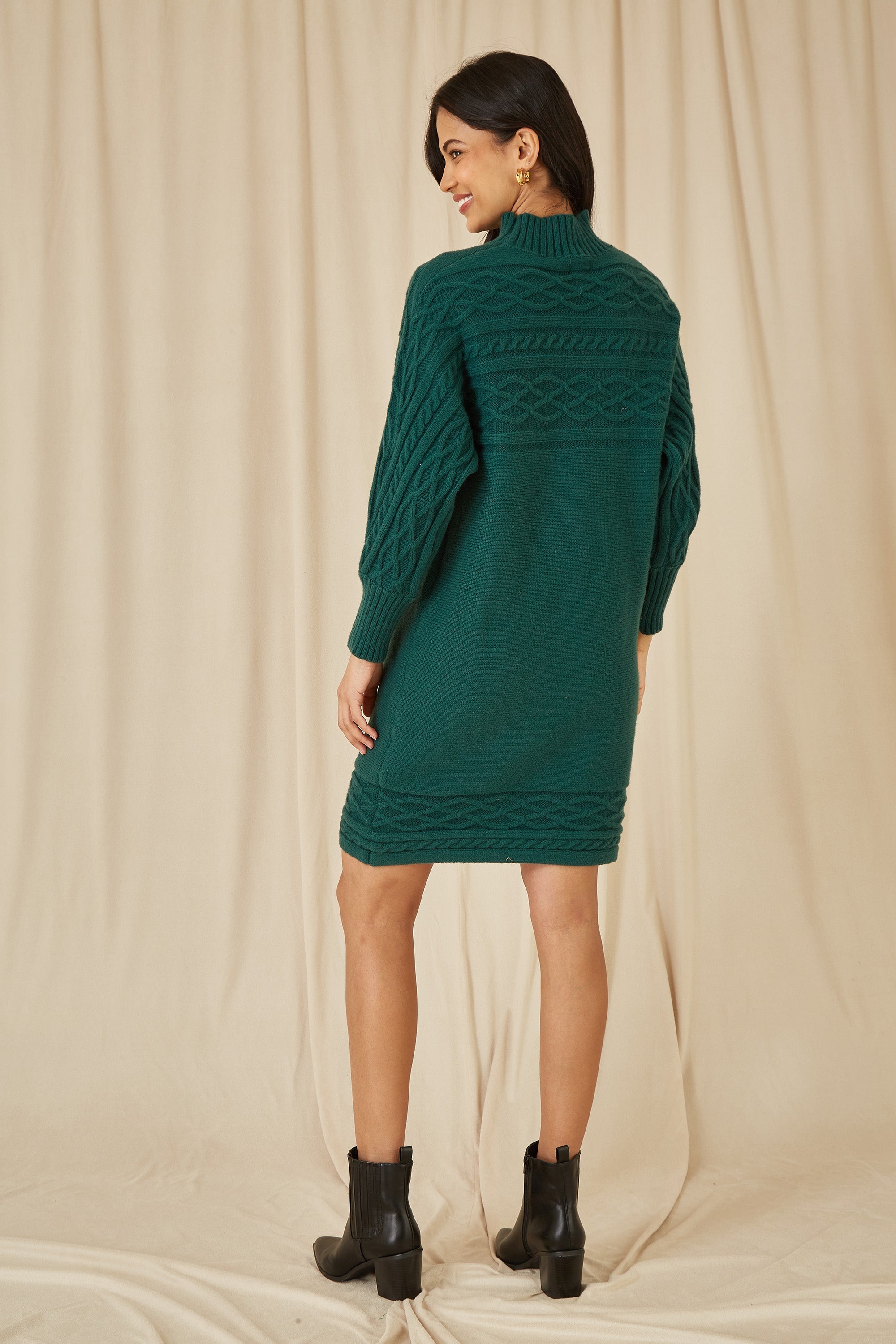 Yumi Green Roll Neck Knitted Dress with Fitted Waist