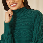 Yumi Green Roll Neck Knitted Dress with Fitted Waist