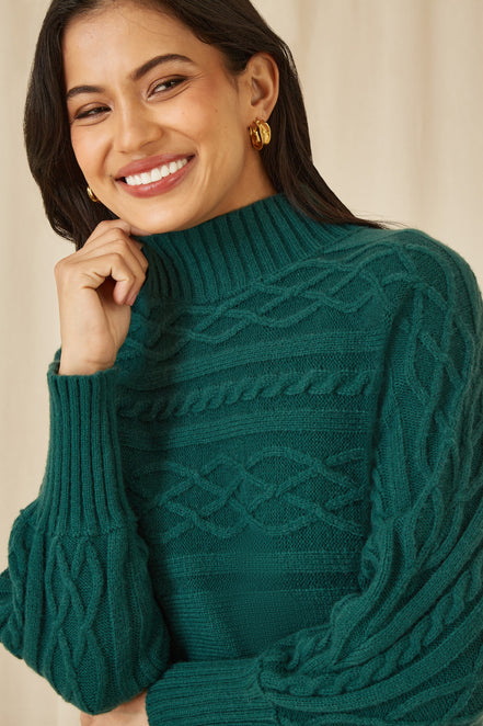 Yumi Green Roll Neck Knitted Dress with Fitted Waist
