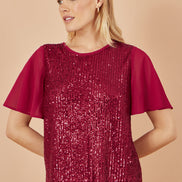 Yumi Burgundy Sequin Top with Sheer Sleeves and Cut Out Back