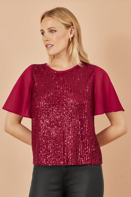 Yumi Burgundy Sequin Top with Sheer Sleeves and Cut Out Back