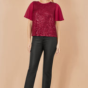 Yumi Burgundy Sequin Top with Sheer Sleeves and Cut Out Back