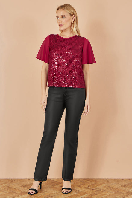 Yumi Burgundy Sequin Top with Sheer Sleeves and Cut Out Back