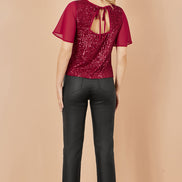 Yumi Burgundy Sequin Top with Sheer Sleeves and Cut Out Back