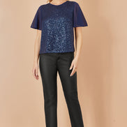 Yumi Navy Sequin Top with Sheer Sleeves and Cut Out Back