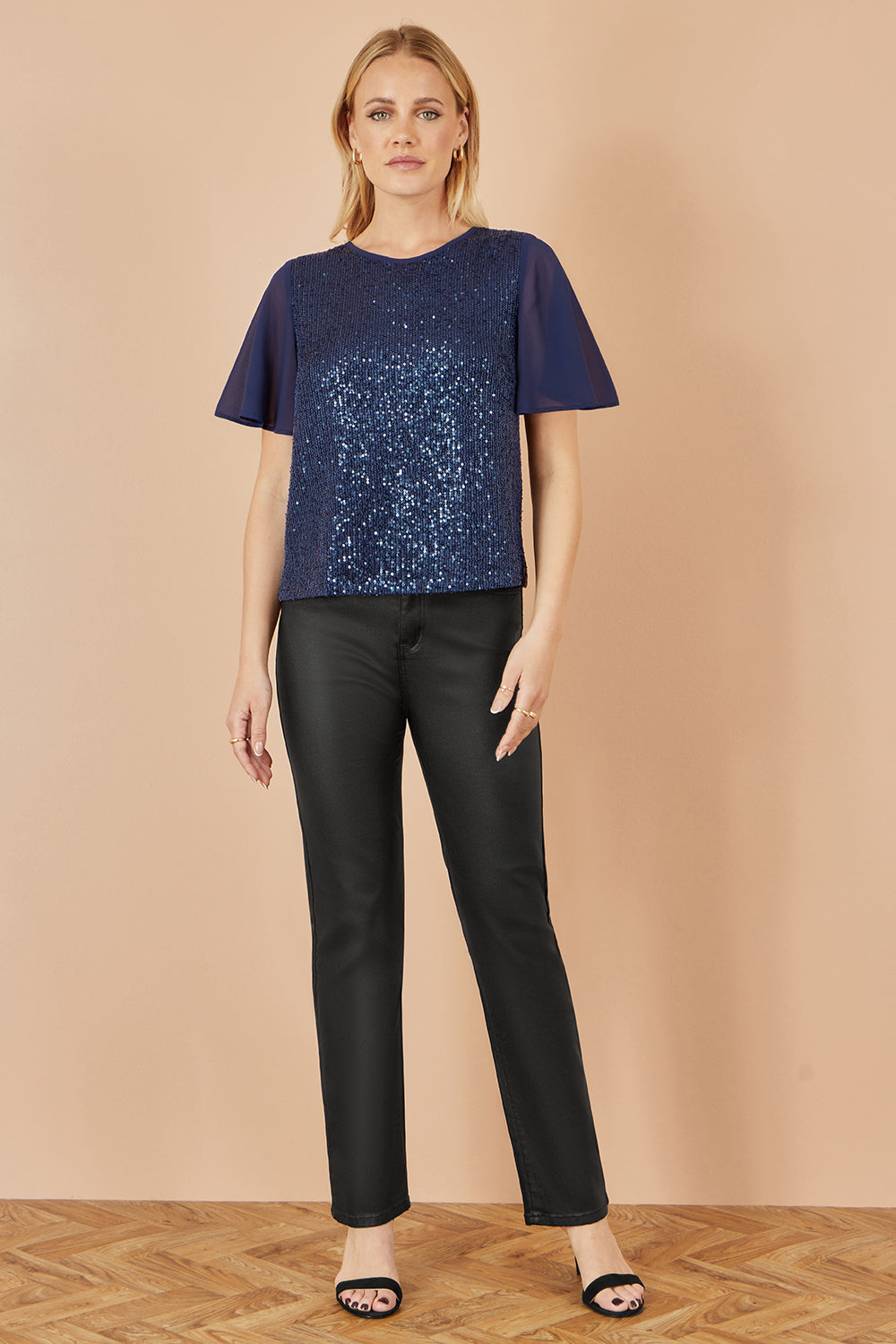 Yumi Navy Sequin Top with Sheer Sleeves and Cut Out Back