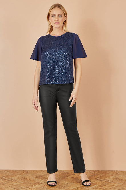 Yumi Navy Sequin Top with Sheer Sleeves and Cut Out Back