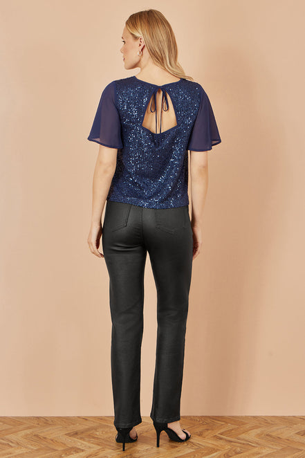 Yumi Navy Sequin Top with Sheer Sleeves and Cut Out Back