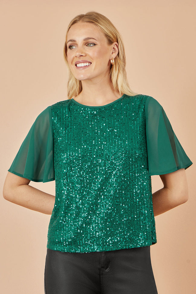 Yumi Green Sequin Top with Sheer Sleeves and Cut Out Back