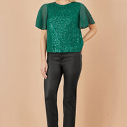 Yumi Green Sequin Top with Sheer Sleeves and Cut Out Back
