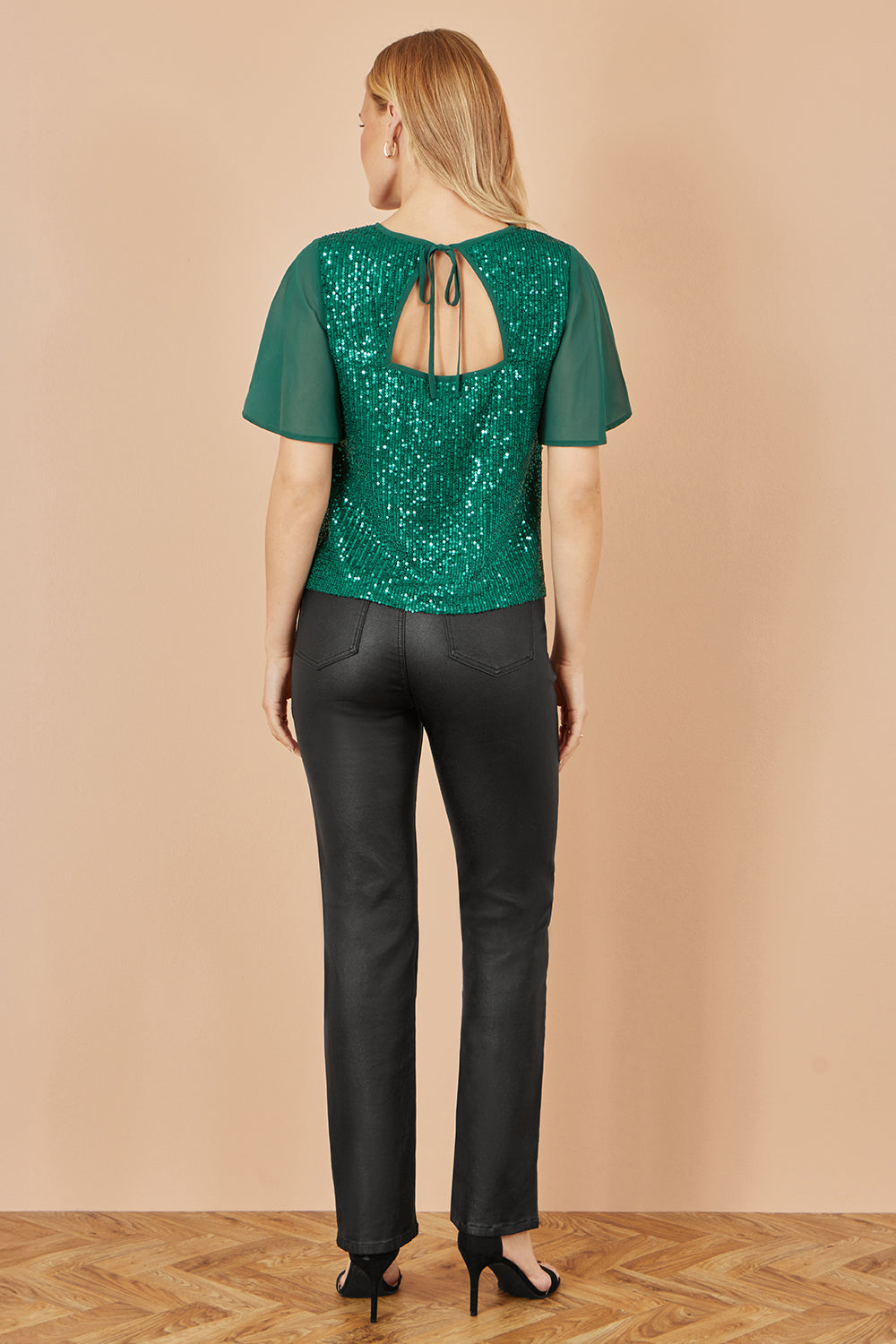 Yumi Green Sequin Top with Sheer Sleeves and Cut Out Back