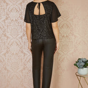Yumi Black Sequin Top with Sheer Sleeves and Cut Out Back