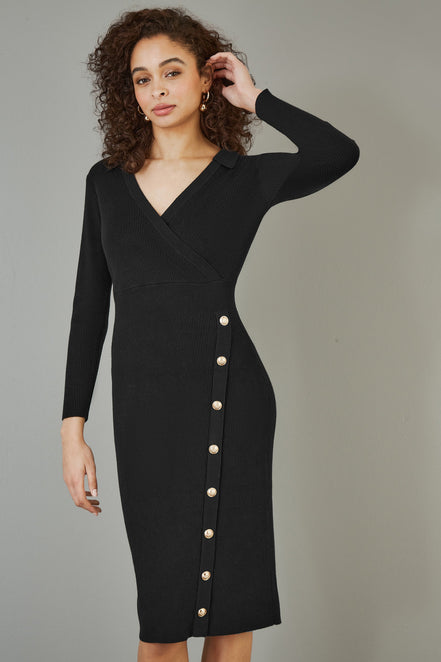 Yumi Black Knitted Midi Dress with Asymmetric Button Details