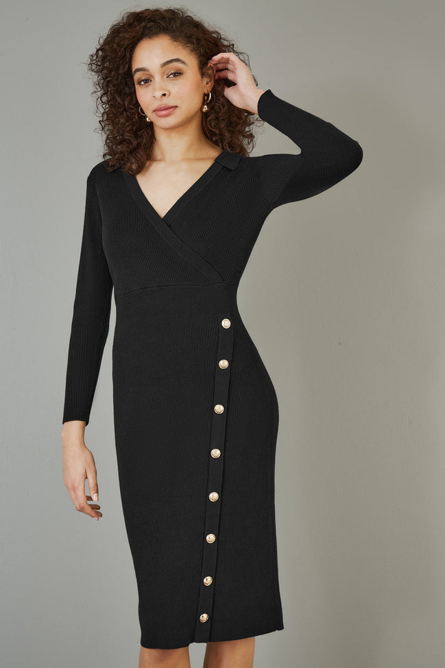 Yumi Black Knitted Midi Dress with Asymmetric Button Details