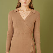 Yumi Brown Knitted Midi Dress with Asymmetric Button Details