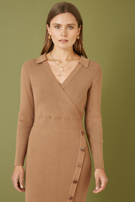 Yumi Brown Knitted Midi Dress with Asymmetric Button Details