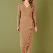 Yumi Brown Knitted Midi Dress with Asymmetric Button Details