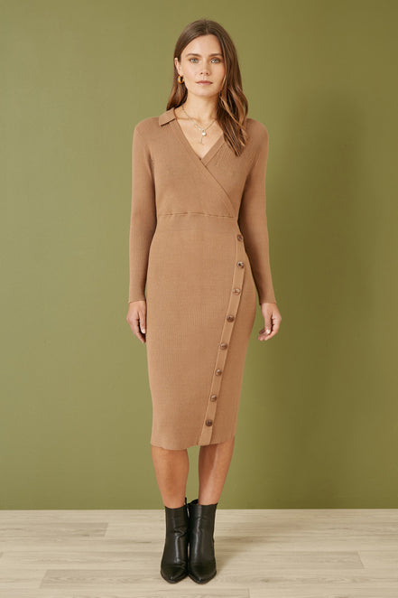 Yumi Brown Knitted Midi Dress with Asymmetric Button Details