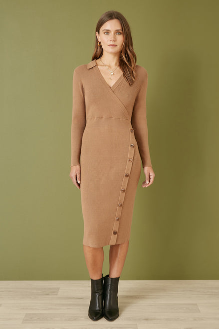 Yumi Brown Knitted Midi Dress with Asymmetric Button Details