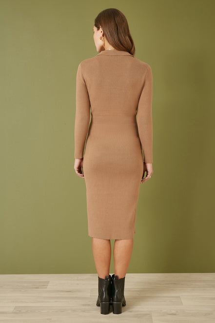 Yumi Brown Knitted Midi Dress with Asymmetric Button Details