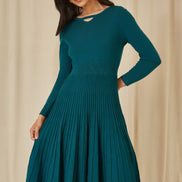 Yumi Teal Knitted Pleated Skater Dress With Notch Neckline