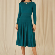 Yumi Teal Knitted Pleated Skater Dress With Notch Neckline