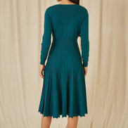 Yumi Teal Knitted Pleated Skater Dress With Notch Neckline