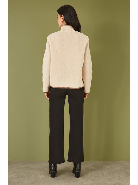 Yumi Cream Borg Jacket with Faux Leather Button Details