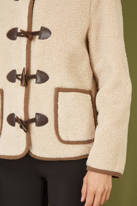 Yumi Cream Borg Jacket with Faux Leather Button Details