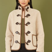 Yumi Cream Borg Jacket with Faux Leather Button Details