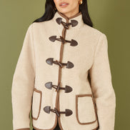 Yumi Cream Borg Jacket with Faux Leather Button Details