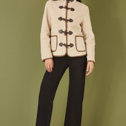 Yumi Cream Borg Jacket with Faux Leather Button Details