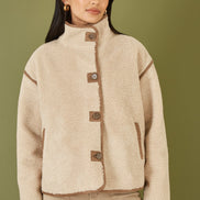 Yumi Cream Borg High Neck Jacket With Faux Leather Trims