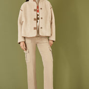 Yumi Cream Borg High Neck Jacket With Faux Leather Trims