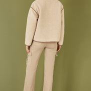 Yumi Cream Borg High Neck Jacket With Faux Leather Trims