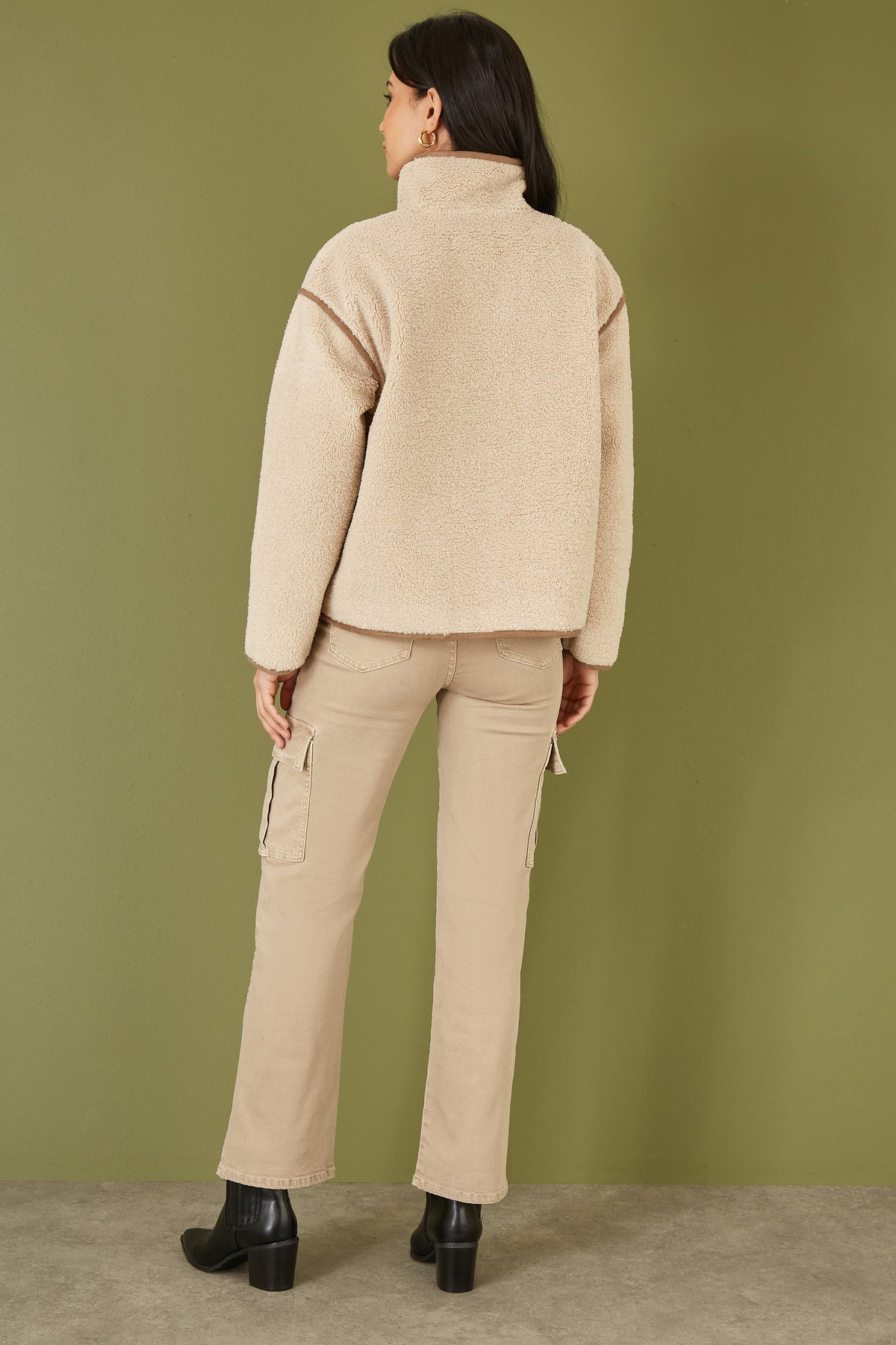 Yumi Cream Borg High Neck Jacket With Faux Leather Trims