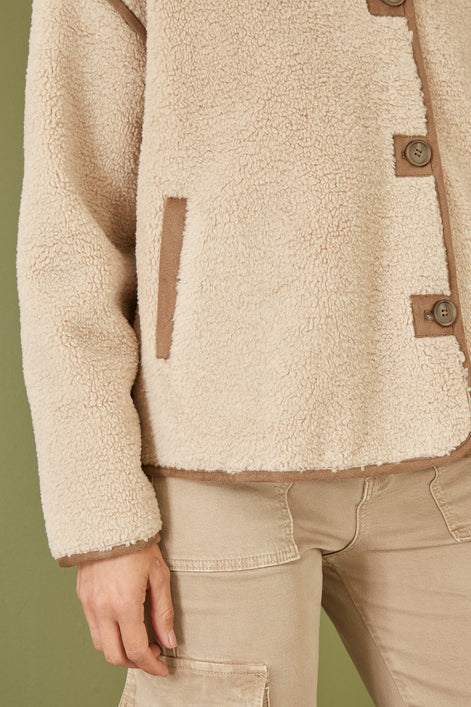 Yumi Cream Borg High Neck Jacket With Faux Leather Trims