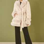 Yumi Cream Luxe Faux Fur Swing Coat with Tie Belt