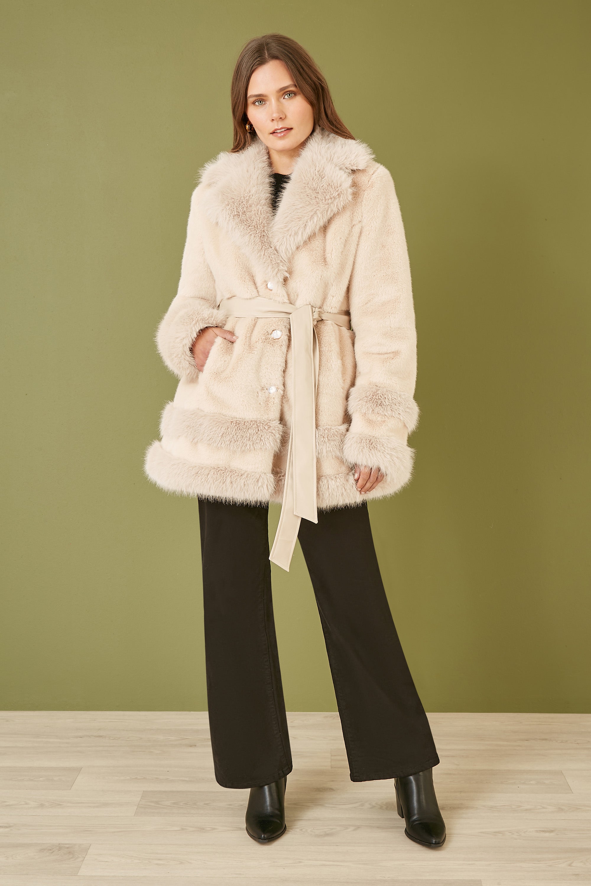 Yumi Cream Luxe Faux Fur Swing Coat with Tie Belt